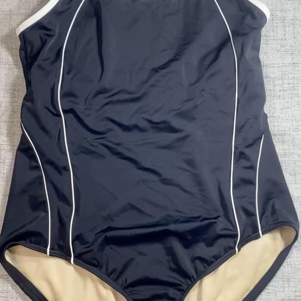 Lands' End Tugless X-Back Swimsuit Black White Piping EUC Size 14 Sporty - Picture 11 of 13